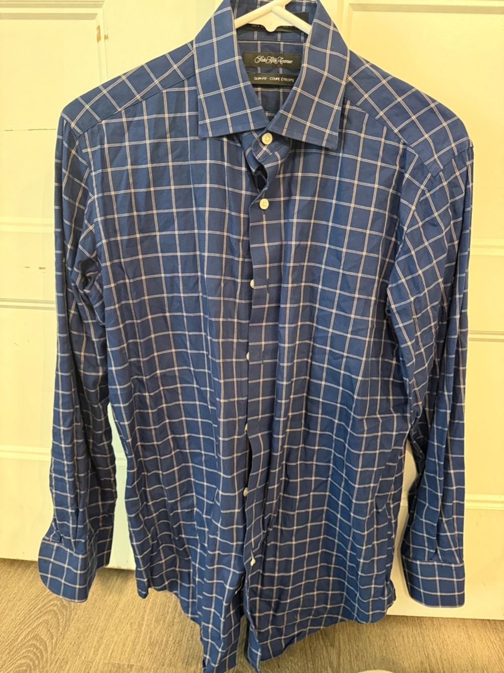 Saks Fifth Avenue Navy Blue Windowpane Slim Fit Shirt